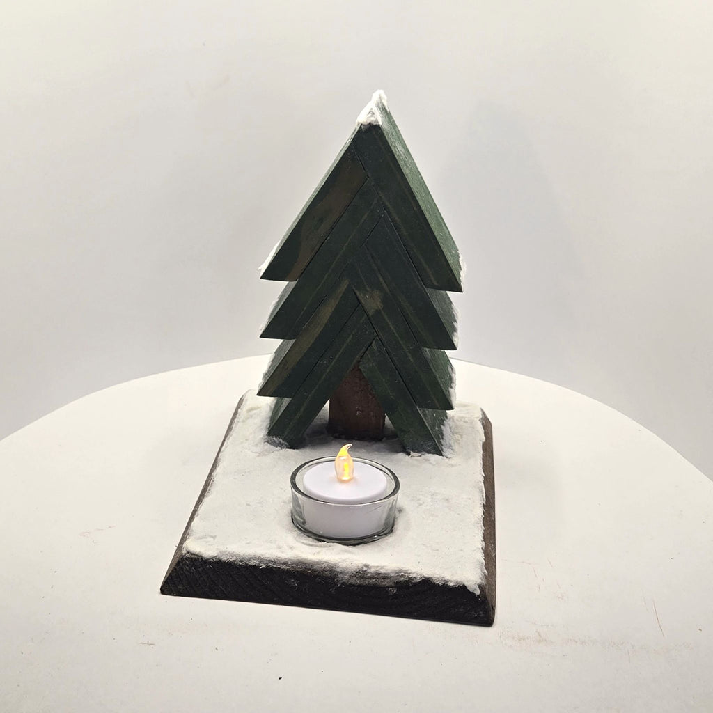 Flocked Christmas Tree Tea Light Holder - Handmade Rustic Wood
