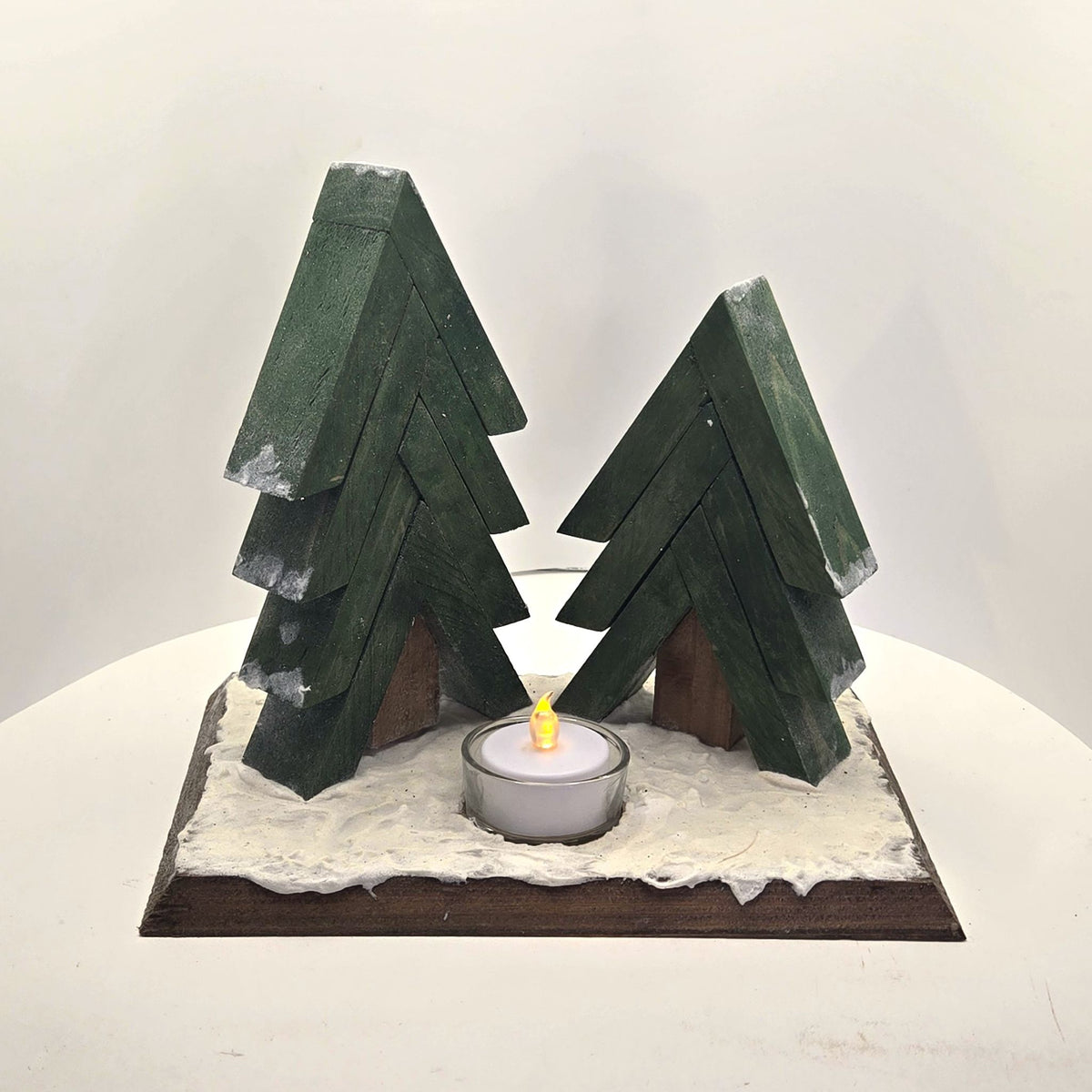 Flocked Christmas Tree Tea Light Holder - Handmade Rustic Wood