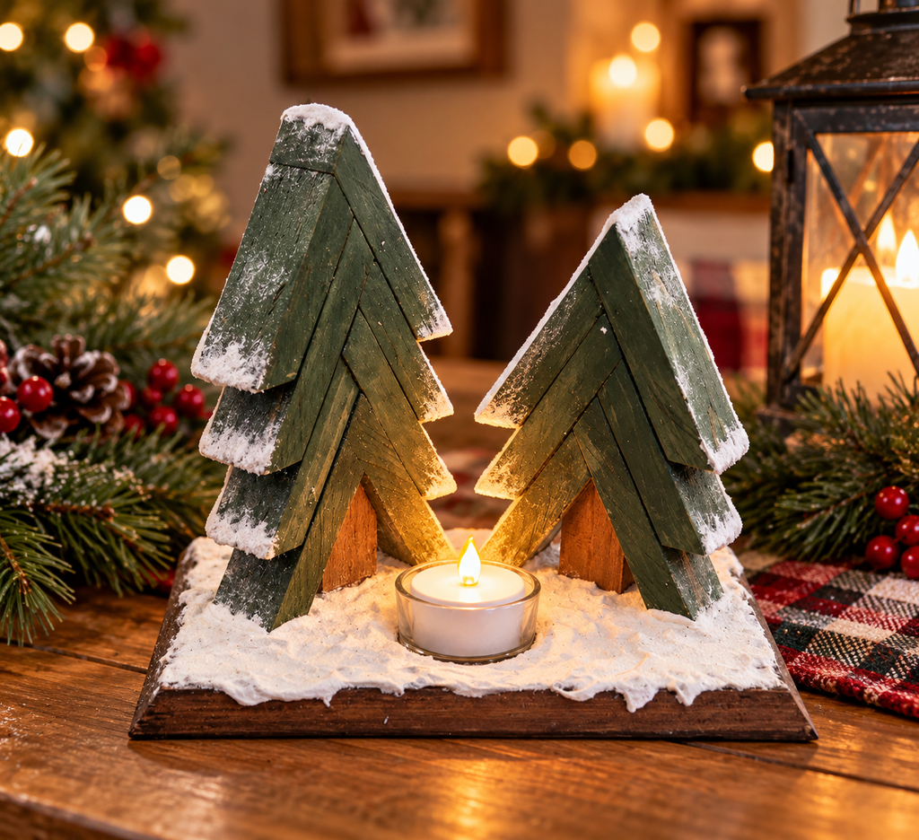 Flocked Christmas Tree Tea Light Holder - Handmade Rustic Wood